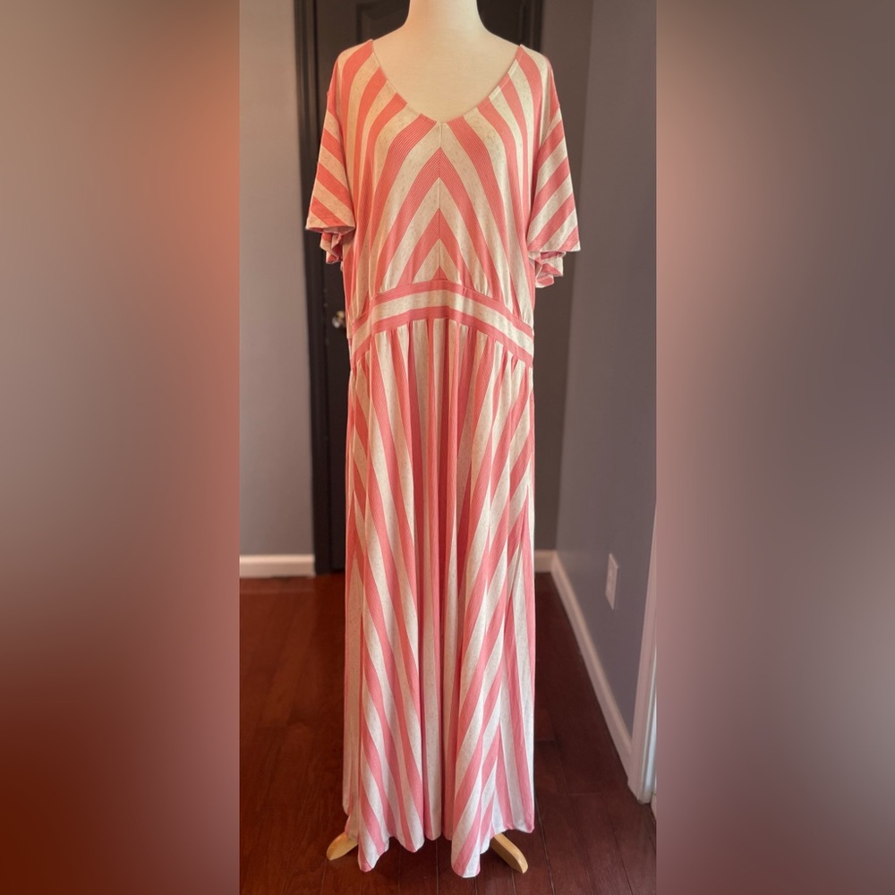Cream & Coral Pink Striped Comfy Beachy Maxi Dress - Picture 2 of 13